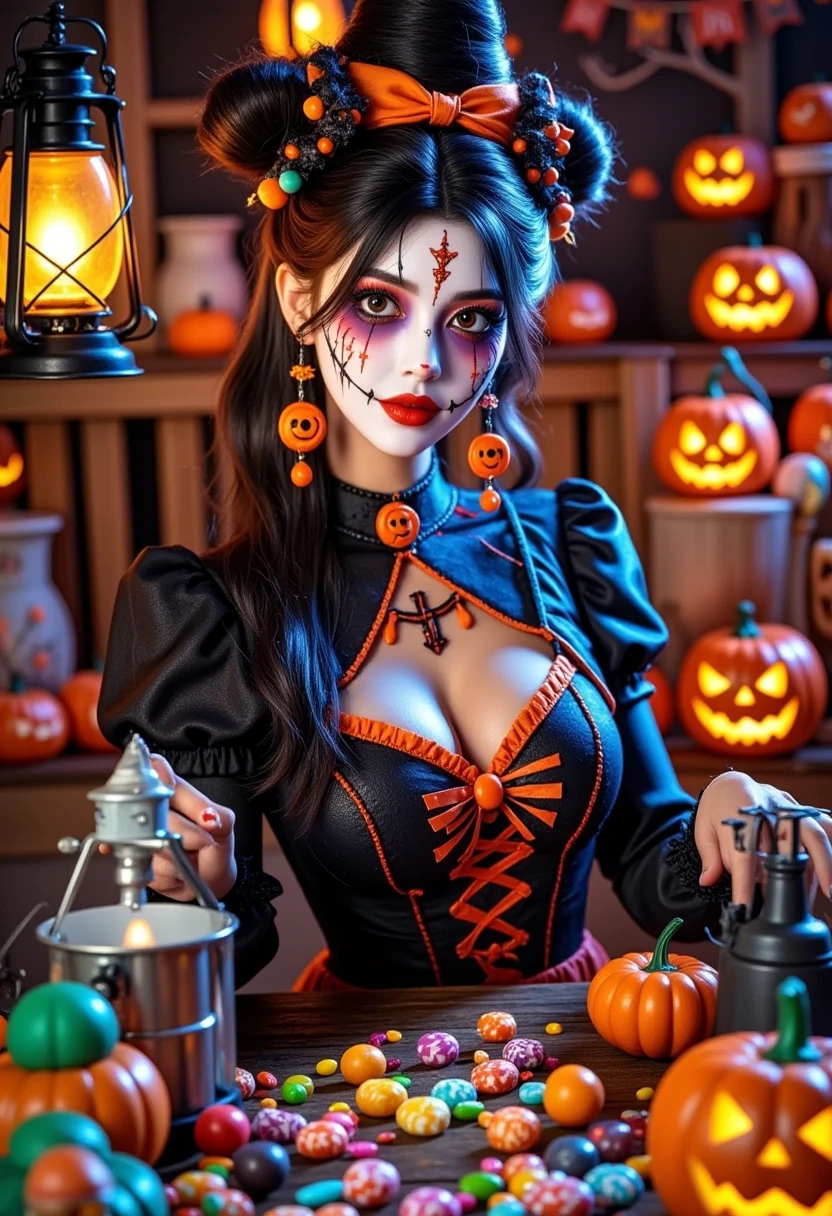 (Vision:1.0)，(Wide Angle:1.0)，(whole body:1.8)，  Halloween themed haunted house ，1girl,  A female model wears scary Halloween makeup，Wear a Halloween character costume，decorate，Atmosphere，(Halloween lanterns :1.3)，(colorful candy:1.5)，Halloween ，detail，vivid，Research 3D game art，photography，Movie Stills，Realism，Film Grain，UHD，masterpiece，accurate， anatomically correct，Skin texture ，超高detail，Award-winning works， best quality，8k，Bright colors，Bright，RGB， Colorful， is popular on social platforms，((Dopamineism))，(((Dopamine color matching)))，Facing the screen，High Saturation， high contrast 