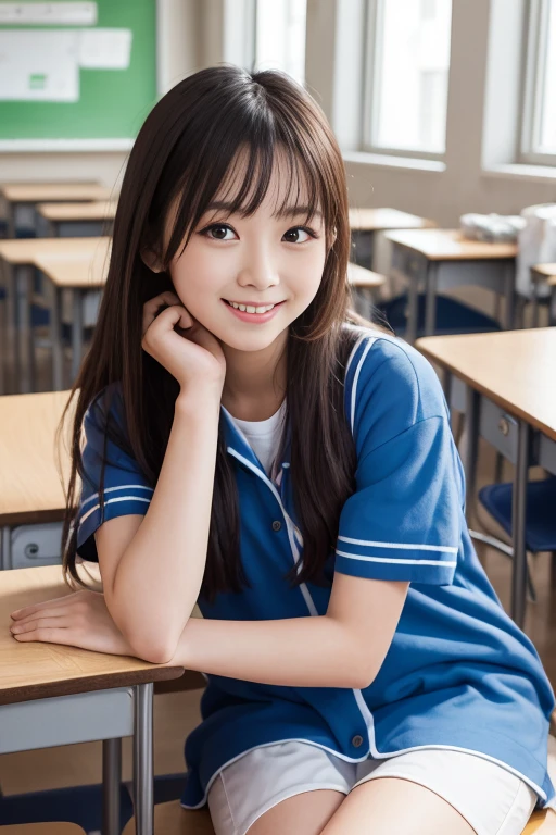 ((Masterpiece)),((Best Quality)),absurdres, 1girl, 1boy, squatting cowgirl, Gonzo, School uniform, (Classroom:1.1), Sunlight, (Half-closed eyes: 0.4), (Open lips: 1.4), (Nasal blush: 1.2), light smile,