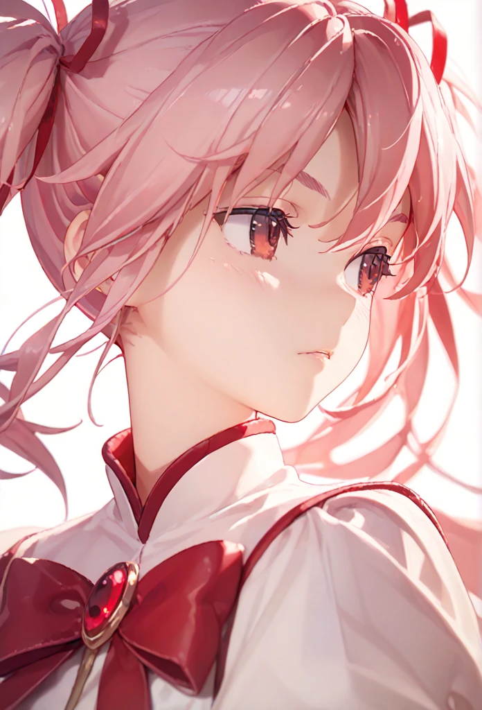 mahou shoujo madoka magica,kaname madoka,pink hair,red eyes,magical girl,twintails,medium hair, medium close up, looking to the side, close up, yokozuwari, beatiful detailed hair, handsome, caustic, thick eyebrows, sideways glance, Canines,