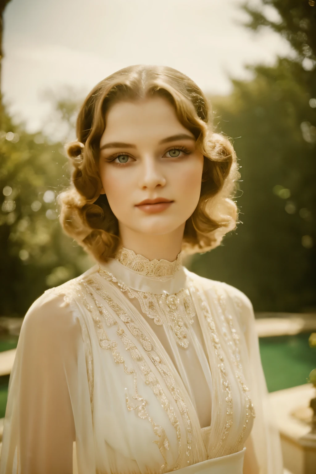 Film still, 1girl, very beautiful supermodel face, dreamy angelic face, 1925 blowout wavy Hair, 1925 fashion, 1925 makeup, highlighted Hair, pale skin, mansion background, rich girl