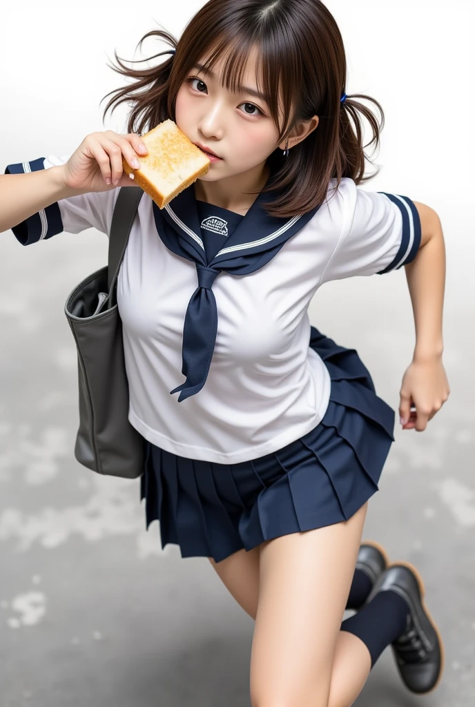 1 girl, masterpiece, top quality, super detail, high school girl with sliced bread in her mouth is running in panic. Holding a bag, a high school girl's clothes, a school route