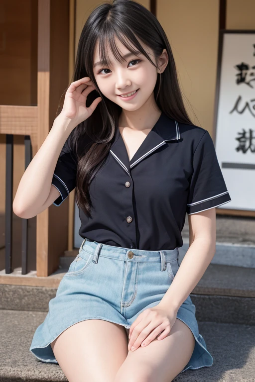 High quality masterpiece, 8k,   Japanese girl , RAW Photos,              absurd, Winner portrait smile face, 笑face, Alone, uniform, Summer Clothes Idol&#39;face, violet, Gardenia, Delicate girl,                      long black hair                   , Dark Eyes, Upper body digital SLR,                 Observe the Audience, Frank, Sophisticated, Like々Shii, Thin arms,              Professional lighting that sticks forward       ,                film grain             ,  chromatic ablation, (Details of the eye and face: 1.0), (Bokeh button:1.1)