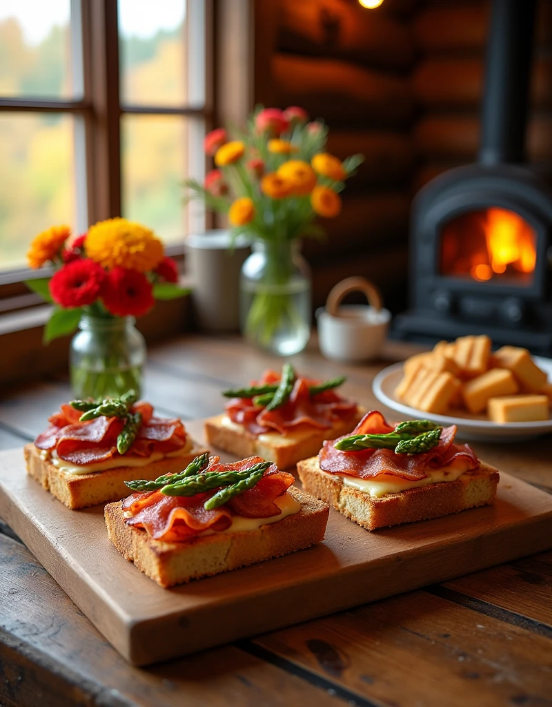 A piece of bread, cut into squares, the bread is on a plate. The bread has bacon, salami and asparagus on it, with cheese on top. The bread is baked in the oven. The ingredients are browned. A wooden table is placed by the window of the log cabin with coffee and bread. Next to the window is a fireplace with an oven. Autumn view, flowers in vases.