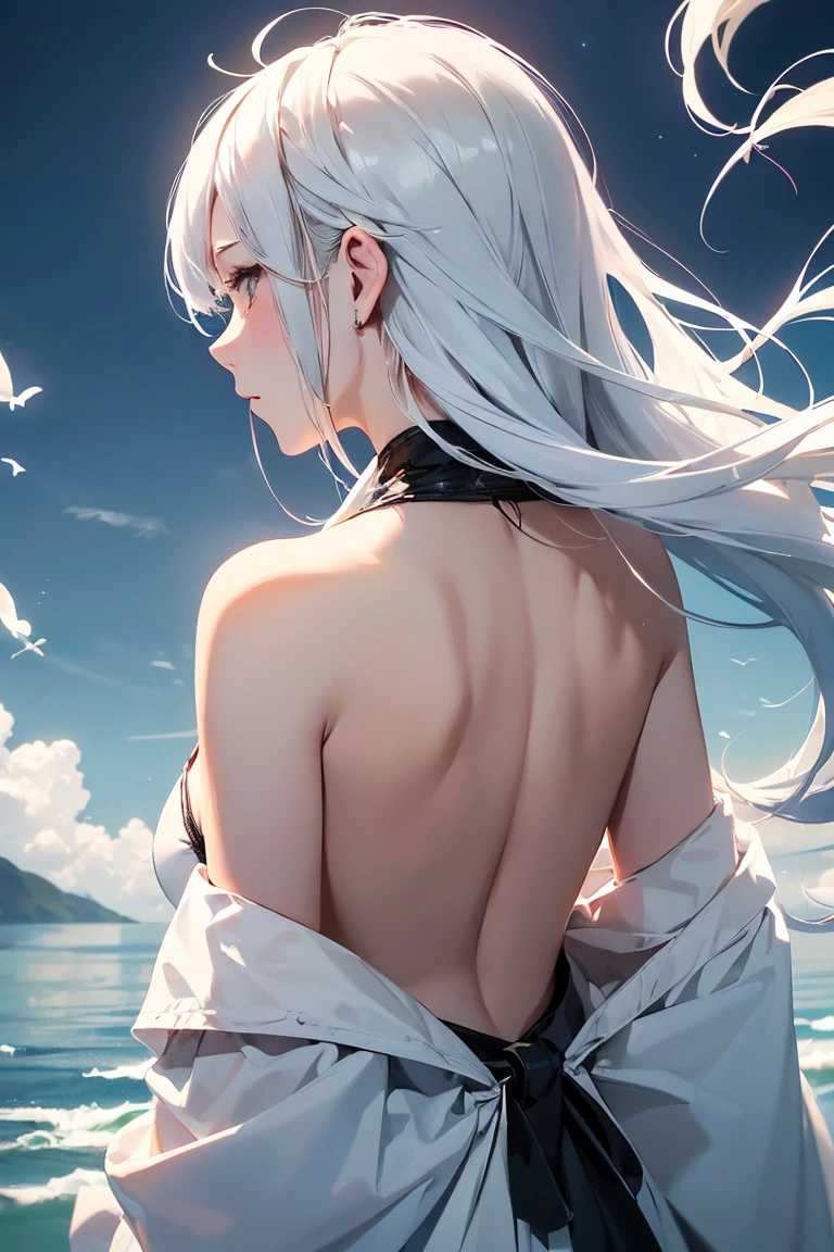 (Image from chest up:1.4)((masterpiece:1.5,Highest quality,Beautiful images、Sketch、2.5D、Ink Painting、Abstract、Artistic、Portraiture))(1girl, 独奏)(medium breasts, Silver Hair、long hair、sideboob、Exposing shoulders、Tattoo on shoulder)(横顔のPortraiture,Gaze sideways、Gaze diagonally、Shake your head、A sad expression, floating hair)(モノトーンのAbstractな背景)((from backside:1.3)),Landscape