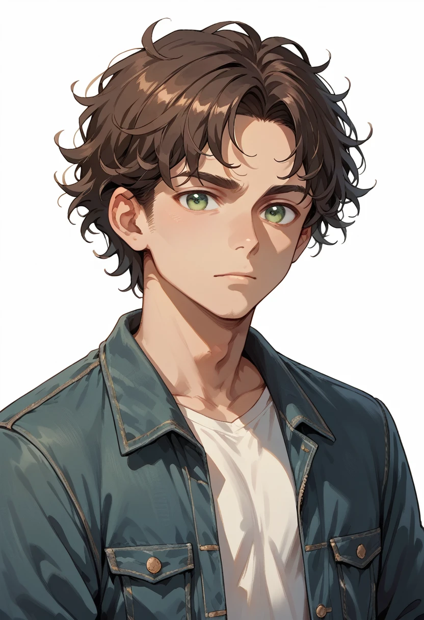 1boy, solo, close-up, curly hair, dark brown hair with a strand partially covering the left eye, green eye half-closed, casual outfit with a fitted denim jacket, cool expression, white background