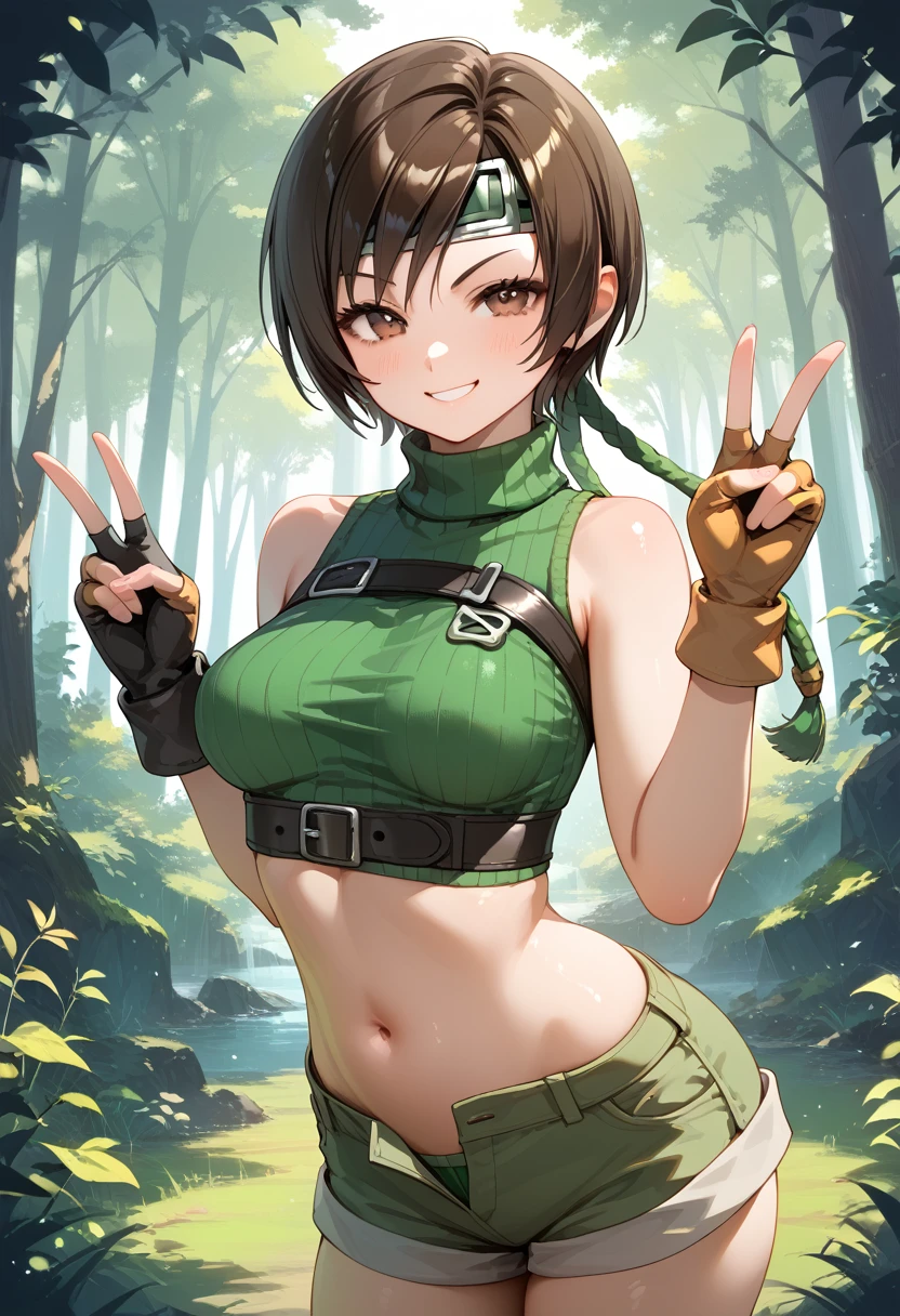score_9, score_8_up, score_7_up,score_6, score_5,score_4,rating_safe BREAK , (from front.from front,breast front view ,soro focus,(),standing,straight-on,(wide-eyed),(>:d ),(upperbody:1.5),looking_at_viewer, 1girl, yuffie kisaragi, final fantasy, ,
short hair
headband
navel
sleeveless
turtleneck
brown eyes
sleeveless turtleneck
solo
breasts
looking at viewer
gloves
crop top
brown hair
shorts
midriff
sweater
open fly
fingerless gloves
ribbed sweater,medium_breasts, (v over eyes),Solo,clear sky,(daytimescene and forest),realistic,depth of field,great lighting,HDR, perfect hands, detailed shadows,anime artwork, anime style, key visual, vibrant, studio anime,
highly detailed,anime coloring, masterpiece, best quality,
best aestethic, absurdres,,professional lighting,cinematic lighting,