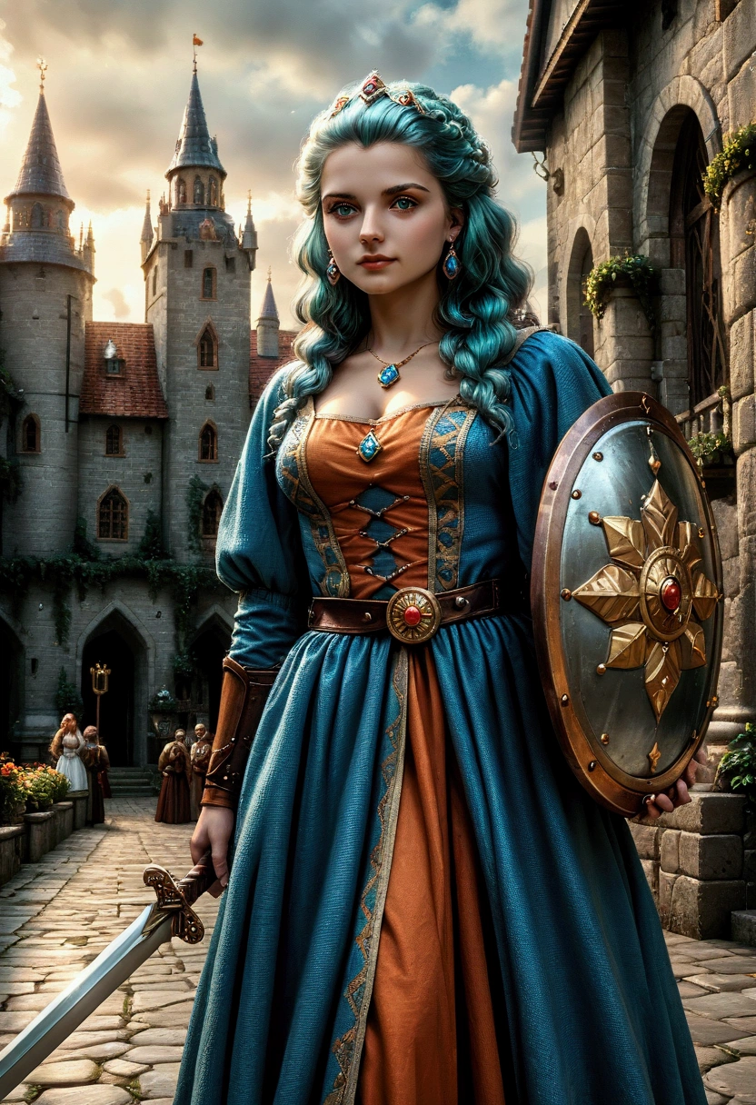 Lady Raya from the game Defender of the Crown, standing proudly in a medieval castle courtyard, with stone walls, banners, and knights in the background. The scene is pixelated in classic 8-bit style, capturing the retro aesthetics of old-school video games. Lady Raya wears her iconic medieval gown, detailed in vibrant pixel colors, holding a sword and shield. The sky is bright blue with pixelated clouds, and the overall scene has the charm of a 1980s pixel art game, reminiscent of the original Defender of the Crown environments