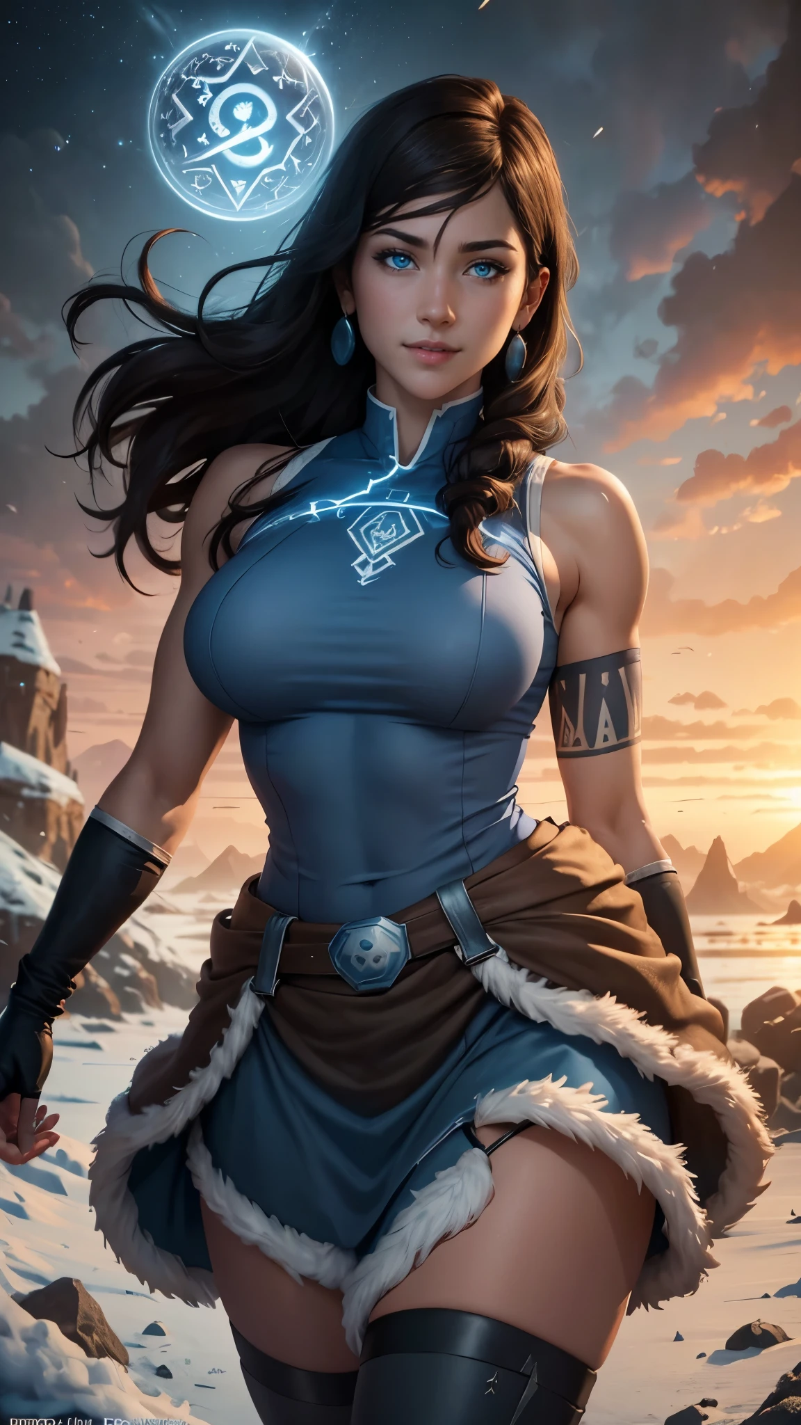 Korra da avatar,(best quality, 4K,8k,high resolution,work of art:1.2)(weather: sunrise), tundra background, artic village, wide hips, long curly hair, brown hair, freckles, sleeveless crop top, fur belt, tight skirt, long dress trail, stockings, winter boots, elbow long gloves, light makeup, dark eyeliner, blush, flirting pose, earrings, glowing eyes, ultra detailed, portrait, realistic, beautiful detailed blue eyes, beautiful detailed lips, extremely detailed eye and face, long eyelashes,average, large breasts, flying hair, beaming smile, sexy smile, powerful girl, bright coloured, dramatic lighting, glowing runes,