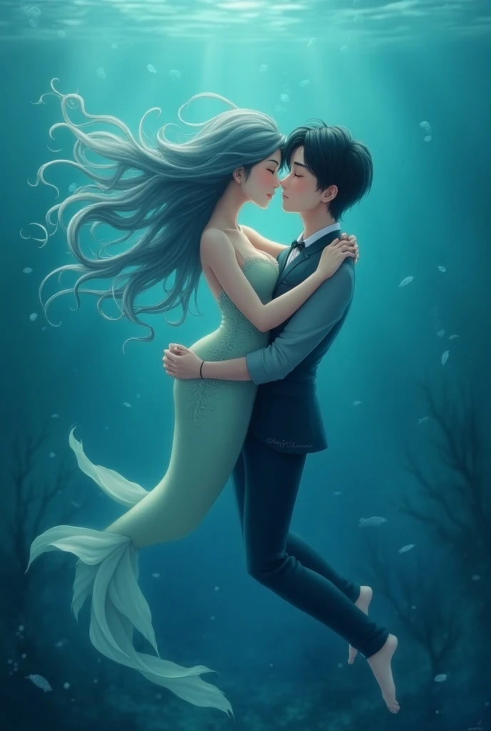 Young Korean woman side profile kneeling long reddish brown hair with wavy bangs pale fair skin blue eye wearing a white dress kissing a young Korean man coming out of the sea shirtless side profile wavy purple hair purple eyes pale fair skin with purple light blue and red mermaid tail coming out of the sea on a shoreline at sunset side perspective 