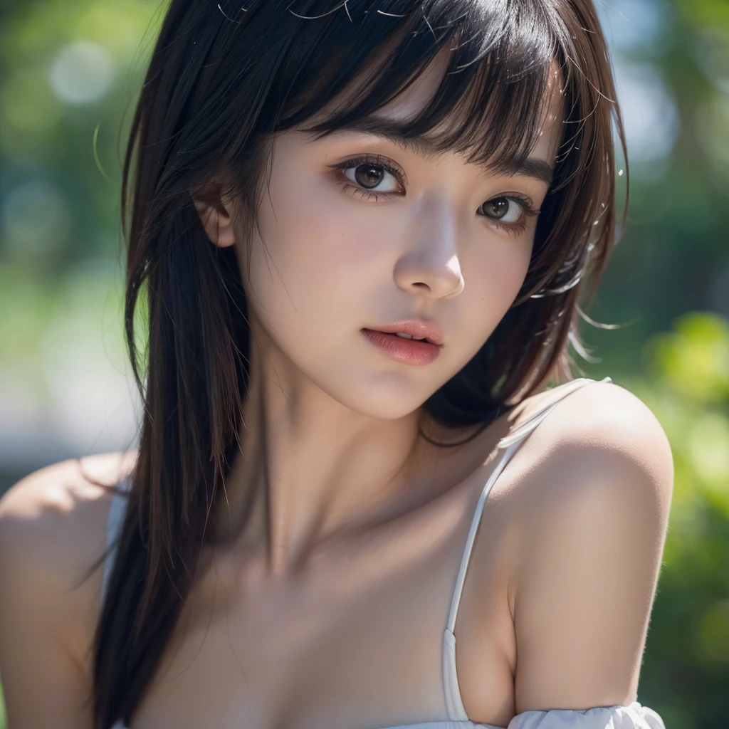 bright look、photorealism、highest quality、Super high resolution、The most beautiful Nordic girls photos、nude, cute and beautiful face details、small face、、32C breasts、Slender、、Crystal clear white skin、big light hazel eyes, long straight black hair,