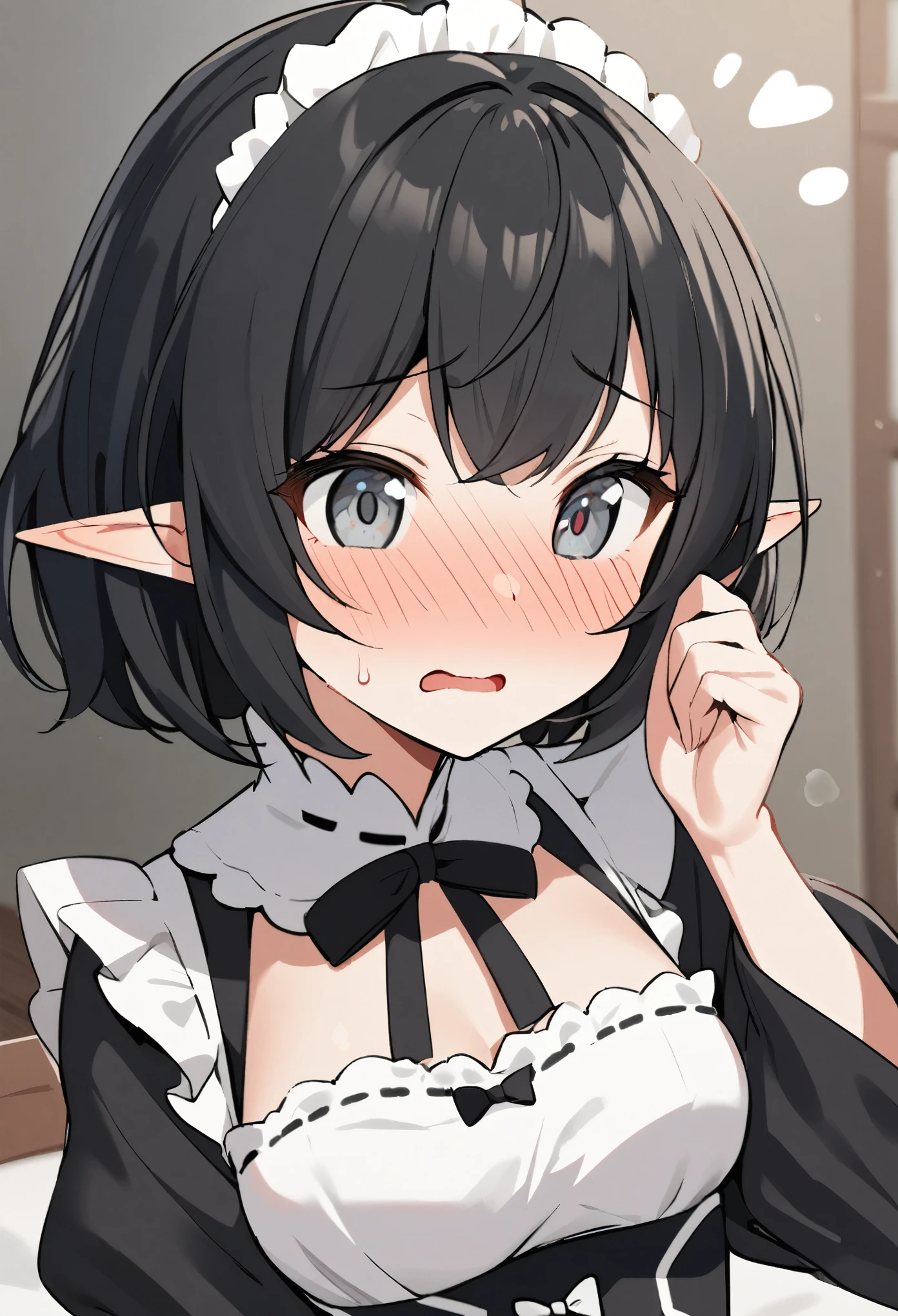 1girl, elf, maid. maid uniform, bashful expression, blushing red, short hair, gray eye color, (Black hair color)