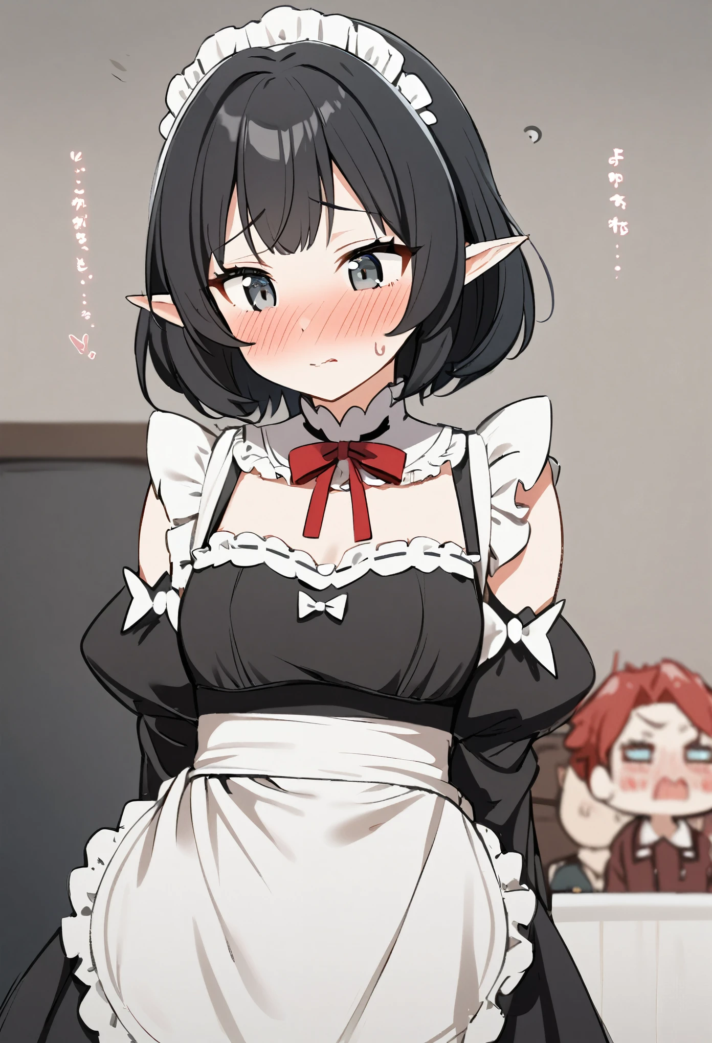 1girl, elf, maid. maid uniform, bashful expression, blushing red, short hair, gray eye color, (Black hair color)