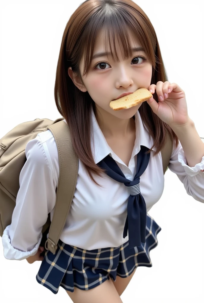 One girl, masterpiece, top quality, super detail, high school girl with a slice of bread in her mouth, running in panic. Panicked, impatient expression, holding school bag, high school girl's clothes, school route.