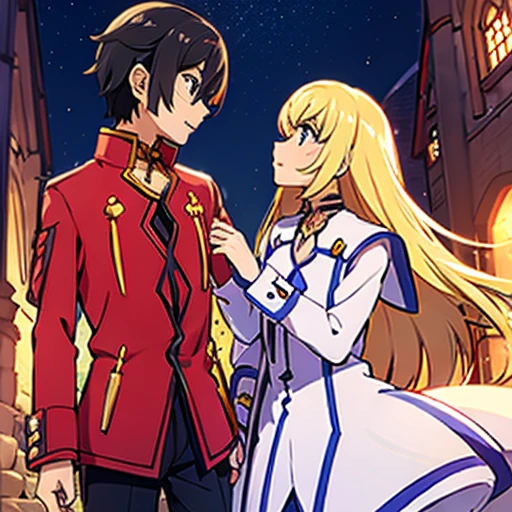 1 boy with black hair, Red jacket and glasses romantically kissing a girl with blonde hair and blue eyes, white dress using a gold choker with a red crystal. Church at night in the background., True love, blushing cheeks, high quality, Colette Brunel from Tales of Symphonia, carrying like a princess 