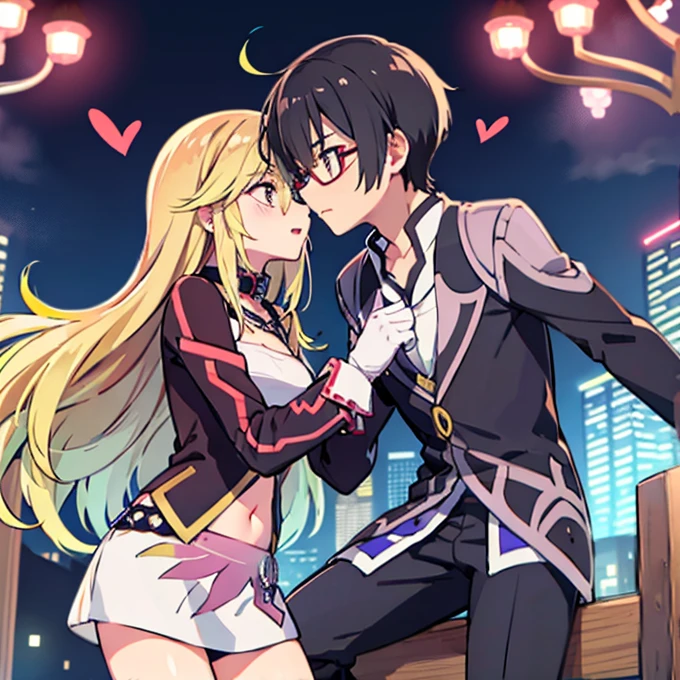 1 boy with black hair, Red jacket and glasses romantically kissing a girl with blonde hair and red eyes. With a white miniskirt, city at night in the background., True love, blushing cheeks, high quality, Milla Maxwell from Tales of Xillia 