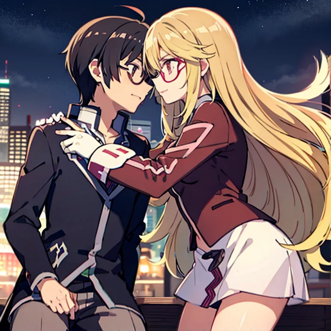 1 boy with black hair, Red jacket and glasses romantically kissing a girl with blonde hair and red eyes. With a white miniskirt, city at night in the background., True love, blushing cheeks, high quality, Milla Maxwell from Tales of Xillia 