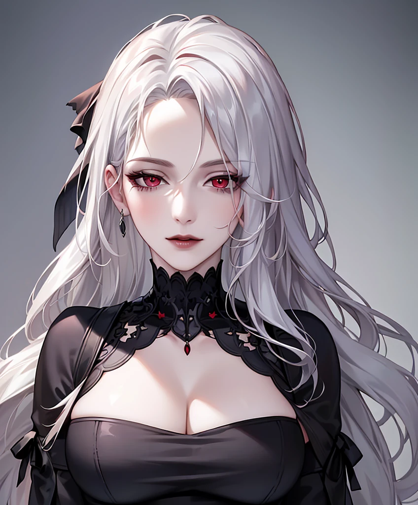 Realistic Portrait, Elegant mature woman (1 female), with red eyes, white hair, long hair, focus on face, close up shot, cleavage, gothic black dress, only upper body, up to waist, soft light, high detail, 4k resolution, high quality, beautiful CG