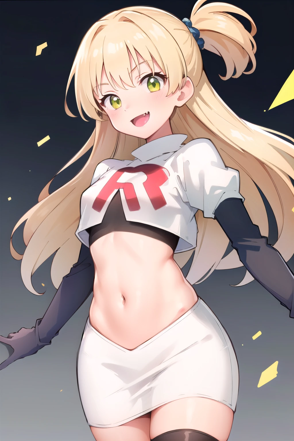 RikaJou, 1girl, solo, long hair, blonde hair, green eyes, small breasts, fang, smile, 8k, masterpiece, best quality, absurdres, perfect anatomy, cinematic lighting, cowboy shot,team rocket,team rocket uniform,white skirt,red letter R,crop top,black thigh-highs,black elbow gloves