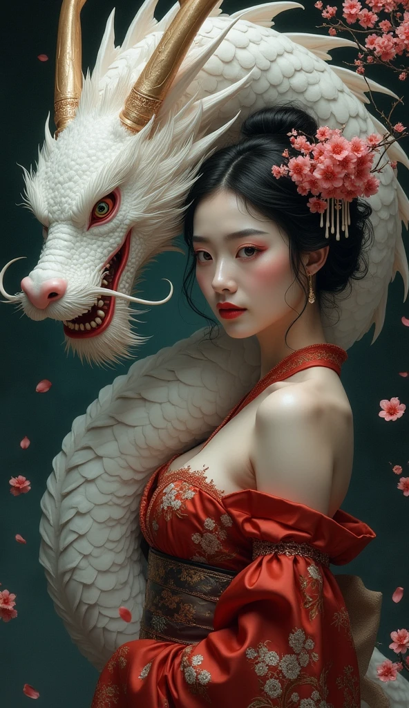 A painting of a woman in a kimono and a dragon, Detailed painting by Phan Chi, cgsociety contest winner, Fantasy art, Chinese Fantasy, Japanese Fantasy, The art of Japan style, The art of Japan, Japanese Goddess, The art of Japan art, Beautiful Fantasy Empress, Ancient Chinese Princess, Chinese mythology, traditional The art of Japan, Traditional Japanese concept art, Beautiful digital art