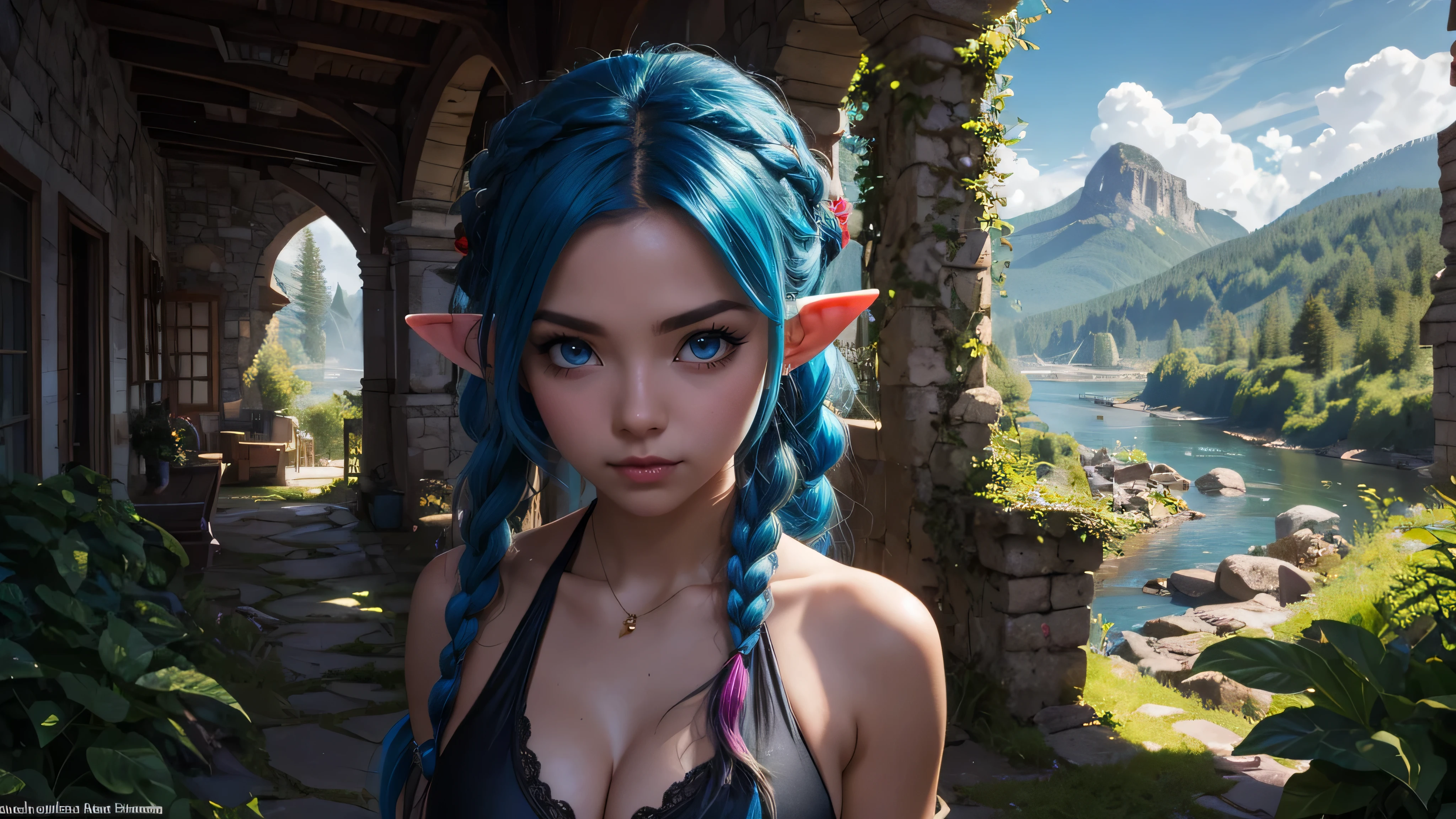 masterpiece, newest, absurdres, masterpiece, highly detailed, beautiful anime, lineart, realistic anime, semi realistic, extremely cute, ((very aesthetic, best quality, ultra detailed)), (perfect face, cute face, like face), fantasy background, extreme colors, Bavarian forest, mountainside, river, castle ruins, intricate details, colorful, ((dramatic lighting)), fantasy, young, girl, ((looking at viewer)), perfect face, ((torn clothes)), twinbraids, blonde, , elf girl, ponytail, sidelocks, pointy ears, sleeveless shirt, green thighhighs, swimsuit, cleavage, black lips, mascara, Long eyelashes, dark elf, very long hair, multicolored hair, parody, braid, outdoors, messy hair, gradient hair, sleeveless, blue hair, twintails, hair ornament, bikini top only, tribal, loincloth, torn clothes, beads, hair beads, blue eyes, long hair, blonde hair