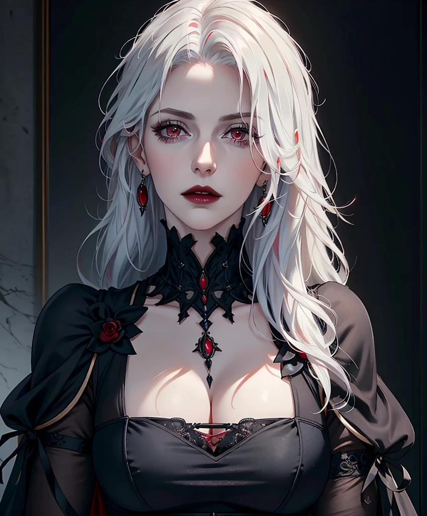 Realistic Portrait, Elegant mature woman (1 female), with red eyes, white hair, long hair, focus on face, close up shot, cleavage, gothic black dress, only upper body, up to waist, soft light, high detail, 4k resolution, high quality, beautiful CG