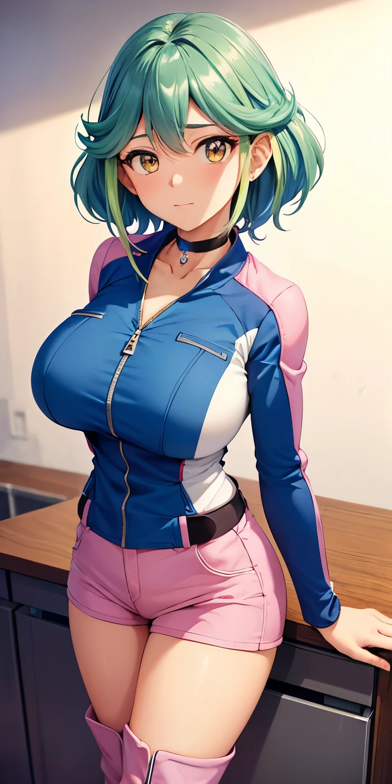 1 Female,High definition,high resolution,Ultra-realistic,8K, rin_arc_v,blue jacket,long sleeves,black choker,pink shorts,white thighs boots, multicolored hair,yellow eyes,European,sexy,Upper body close-up,Photographed from the front,Dynamic Angles,private teacher,blush, huge tits, nipples ,show tits , pretty  ,(pov , closed shot:1.3)