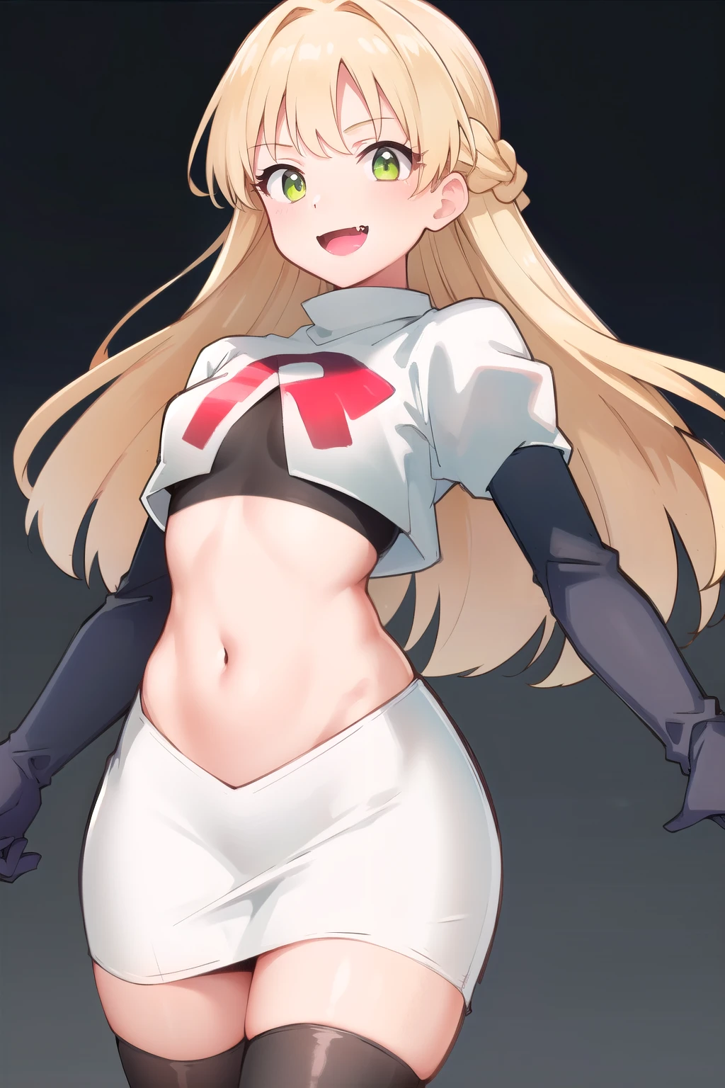 RikaJou, 1girl, solo, long hair, blonde hair, green eyes, small breasts, fang, smile, 8k, masterpiece, best quality, absurdres, perfect anatomy, cinematic lighting, cowboy shot,team rocket,team rocket uniform,white skirt,red letter R,crop top,black thigh-highs,black elbow gloves