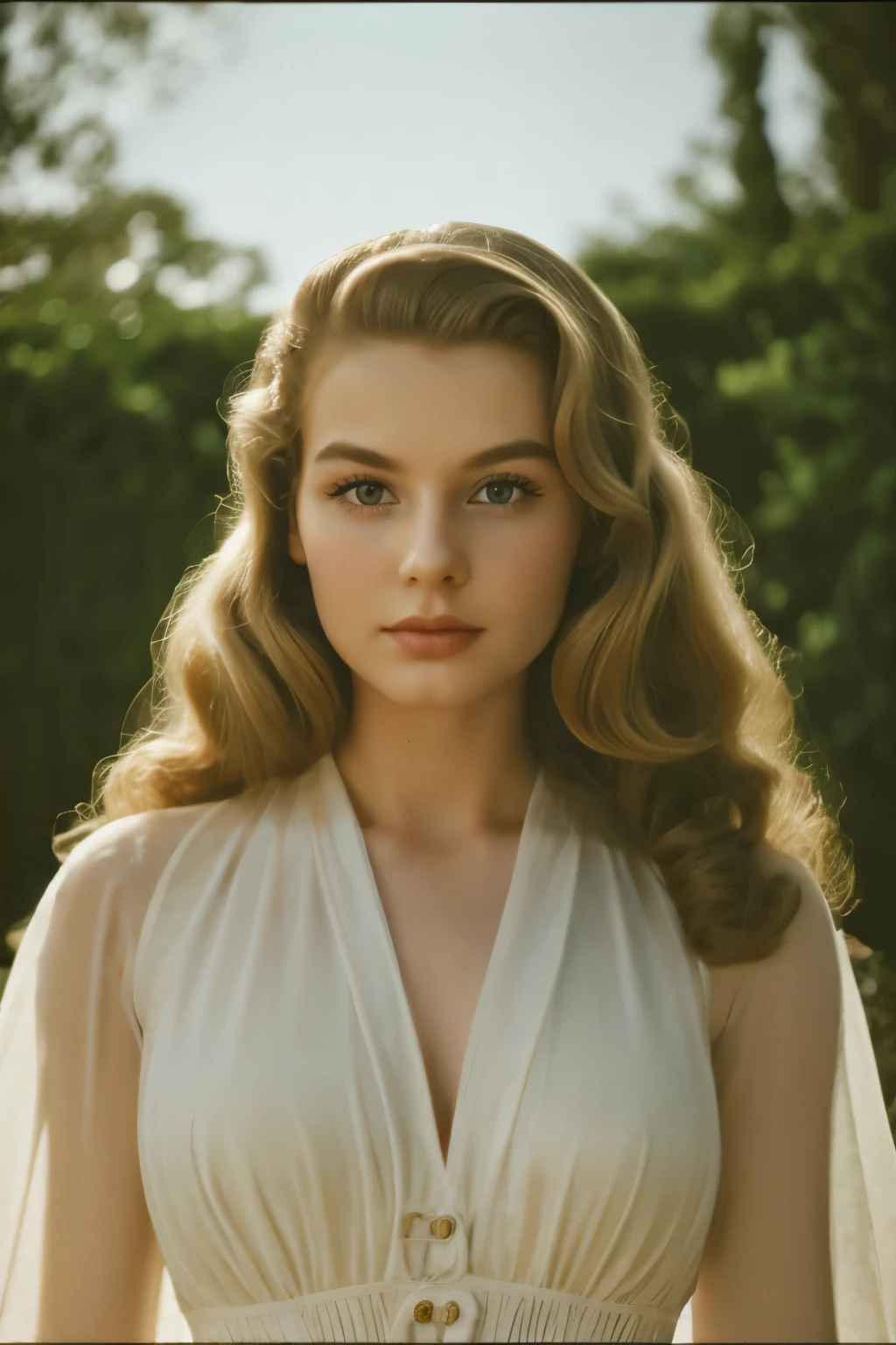 Film still, 1girl, very beautiful supermodel face, dreamy angelic face, 1940 blowout wavy Hair, 1940 fashion, 1940 makeup, highlighted Hair, pale skin, mansion background, rich girl