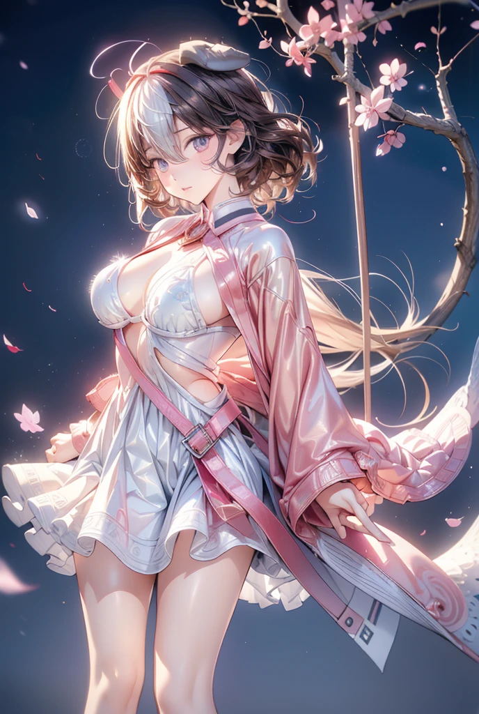 best quality:1.5), (ultra-detailed:1.5), (()), ((best quality)), (high resolution), (illustration), (an extremely delicate and beautiful), (ultra detailed beautiful face and eyes), 1girl, leaning forward sharp focus, ray tracing, 1girl, silky hair, multicolored hair, Whitehair(innercolorCherryblossom )background(sakura tree, day light), eye color(White pink, high definition,)inner eye (sakura),volumetric lightning, super_long_hair、have a weapon(katana)、naked looking_all(score_9:1.2), (score_8_up:1.2), (score_7_up:1.2),solo,Perfect anatomy,(one cute girl:1.3),(Line art:1.3),(Soft atmosphere:1.3),perfect anatomy,(A soft anime-style image capturing a delicate and ephemeral atmosphere),Enhance the anime screencap by adding a watercolor background, further elevating the dreamy and ethereal aesthetic. This scene, now rendered in 16k wallpaper resolution, merges the delicate beauty of the girl with pale skin and natural hair with a soft, lush watercolor landscape.The natural big breast  ,super intricately designed transparent super bikini armor and her captivating eyes are set against a backdrop that mimics the fluid, blending colors of a watercolor painting, adding a layer of artistic depth and emotion. The perspective from above at a dutch angle, combined with the watercolor effect, creates a composition that feels like a floating, dream-like world, glowing aura around her are now part of a canvas that blends reality with imagination, inviting the viewer to step into a tranquil world of soft hues and poetic beauty, all encapsulated within a serene, BREAK,(best quality:1.3),(best masterpiece:1.3),(very aesthetic:1.2),(absurdres:1.2),newest,(intricate details:1.2),ai-generated,absurdres extremely detailed CG,depth of field,dynamic angle,dynamic pose、groin、
muscular female, fit, abs, leg muscles, arm muscle、