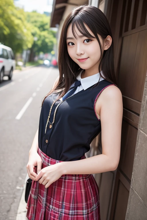 High quality masterpiece, 8k,   Japanese girl , RAW Photos,              absurd, Winner portrait smile face, 笑face, Alone, uniform, Summer Clothes Idol&#39;face, violet, Gardenia, Delicate girl,                      long black hair                    , Dark Eyes, Upper body digital SLR,                 Observe the Audience, Frank, Sophisticated, Like々Shii, Thin arms,              Professional lighting that sticks forward       ,                film grain             ,  chromatic ablation, (Details of the eye and face: 1.0), (Bokeh button:1.1)