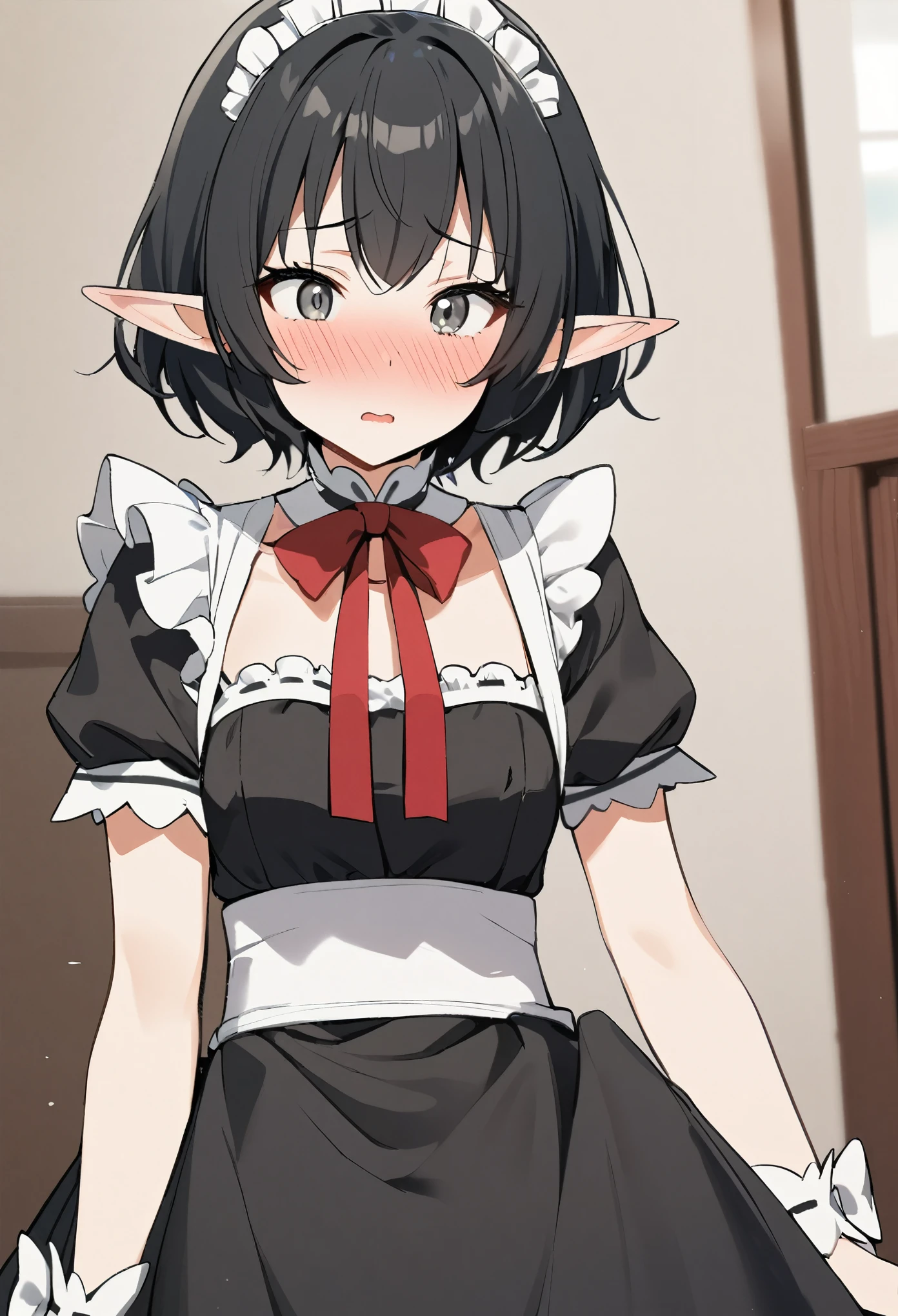 1girl, elf, maid. maid uniform, bashful expression, blushing red, short hair, gray eye color, (Black hair color)