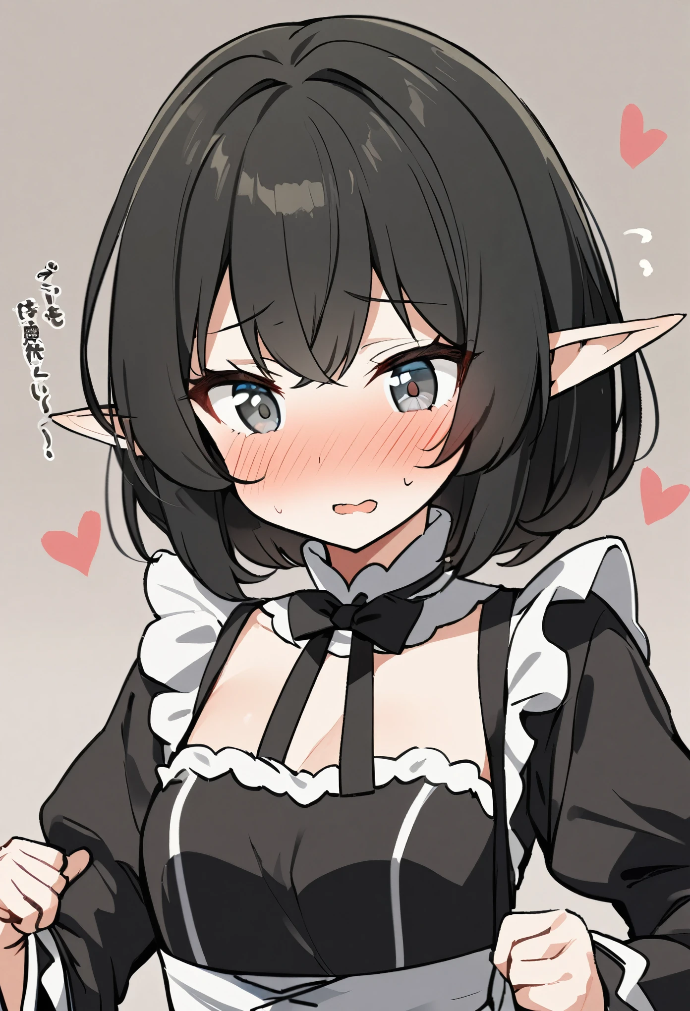 1girl, elf, maid. maid uniform, bashful expression, blushing red, short hair, gray eye color, (Black hair color)