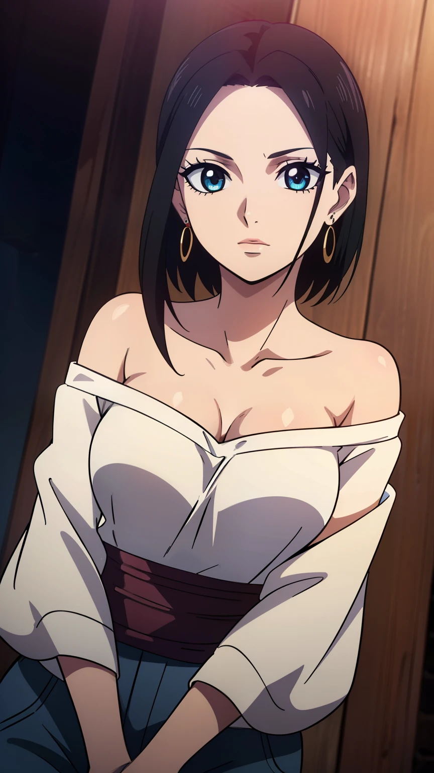 (masterpiece, best quality, high resolution, 8k:1.2), (Anime coloring:1.2), very detailed, beautiful eyes, perfect eyes, detailed eyes, feature large highlight, detailed face, ultra-detailed, detailed eyes, symmetrical eyes, 1 girl, alone, (mature face:1.4), (medium breasts:1.0), (black hair, medium hair), (makeup, earrings, off-shoulder shirt, slim fit pants, idol stage), looking at the viewer, in the center of the image, (beautiful_chest:1.1), (beautiful_face:1.2), (beautiful_ waist:1.2), (cowboy shot:1.2), dutch angle,