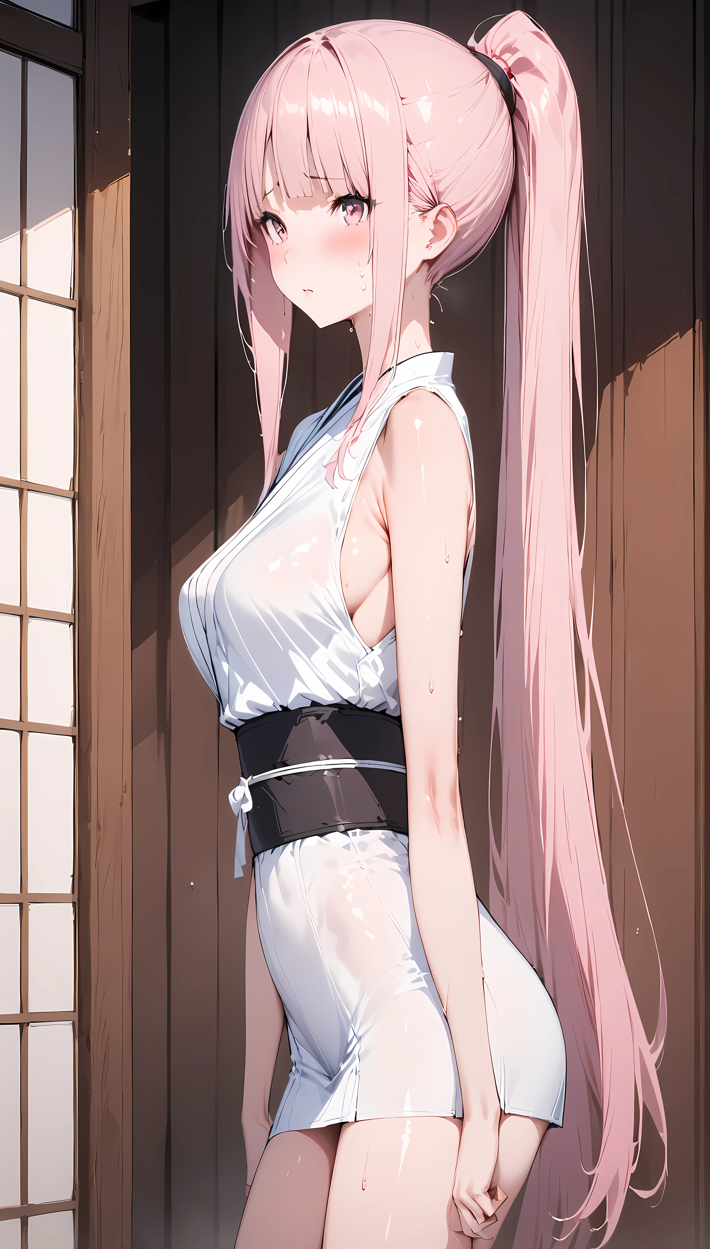 high res photograph, ultrasharp, 8K, masterpiece, looking at viewer, photograph from behind, very tight wet dress, thicc ass, perfect anatomy, wearing YUKATA, pink hair, seductive smile, beautiful face, BENDING OVER, SHOWING ASS, minimalist coloring