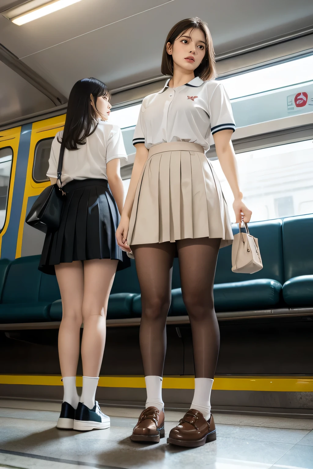 heavy rain, Soaking wet, Long Hair, bangs, (Two Girls:1.2), skirt, Brown Hair, shirt, Black Hair, Short sleeve, Brown eyes,  bob Hair, standing in Train seat, white polo shirt, pleated skirt, Open clothes, shoes, socks, Striped, collared shirt, Hands behind back, bag, Pantyhose, Brown footwear, , school bag, Wet, (From below:1.2), (Plump breast :1.3), slim body,