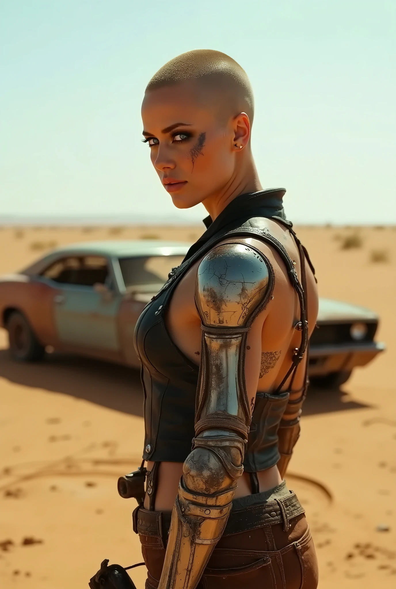  full-body image of actress Charlize Theron dressed in furious Maxmax style, In the Sahara desert she is bald and has strong black eye makeup, blue eyes, Madmax ,  style leather boots next to a rusty and dirty Ford Thunderbird , mechanical left arm