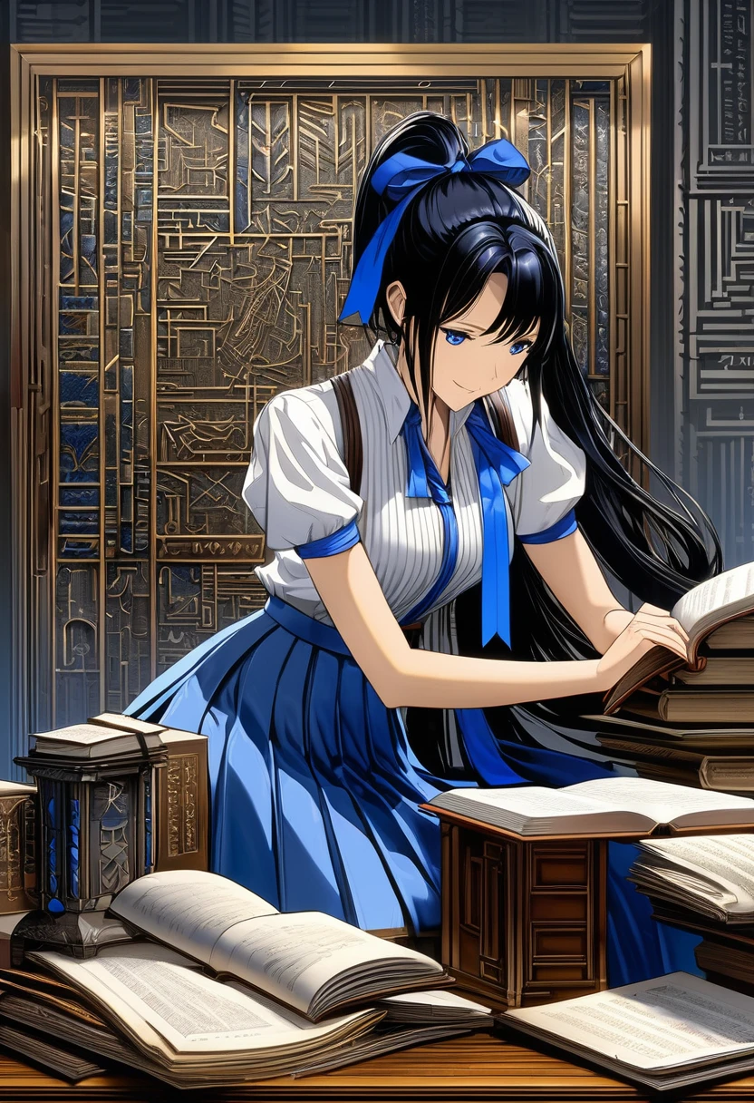 Masterpiece, Top Quality, High Resolution, Very Detailed, Detailed Background,(Fraulem Chrome, (Black Hair, Semi-Long Hair, Blue Ribbon in Ponytail),(White Blouse, Blue Short Ribbon Tie, Blue Long Skirt), Small, Neat, Black Eyes,Studying, Gentle Smile), Scaled Out, Chic Study, Vase