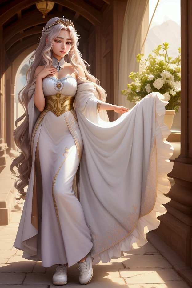 Best quality, best definition, best art, artwork, beautiful, painting, white hair, long white hair, perfect hair, long hair, perfect skin, black skin, brown skin, black skin, dress, long white dress, white dress, greek goddess dress, full body, whole body.