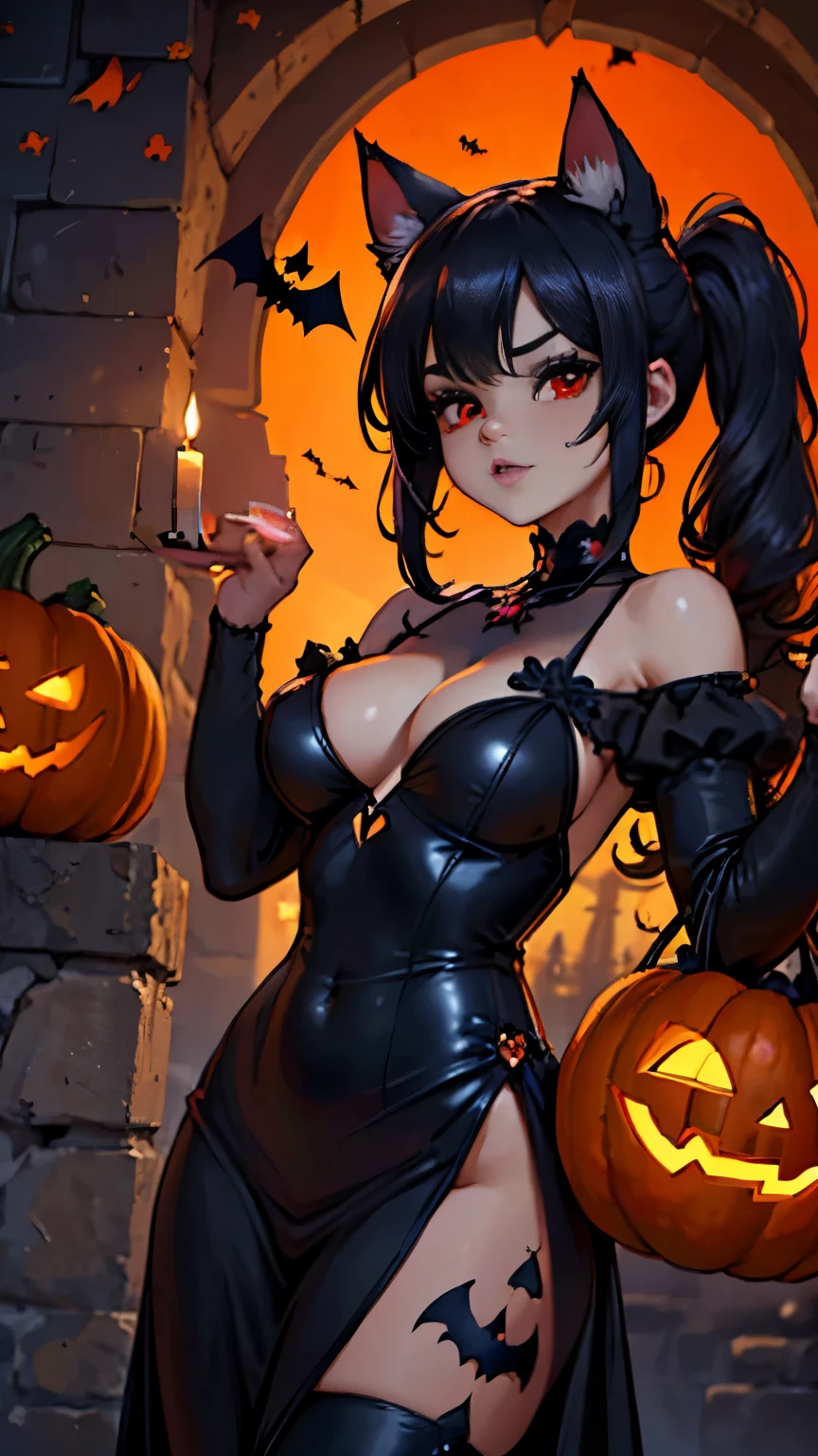 masterpiece, 1girl, halloween waifu,from behind, sitting on a pumpkin, thong, medium ass, slim body, full moon