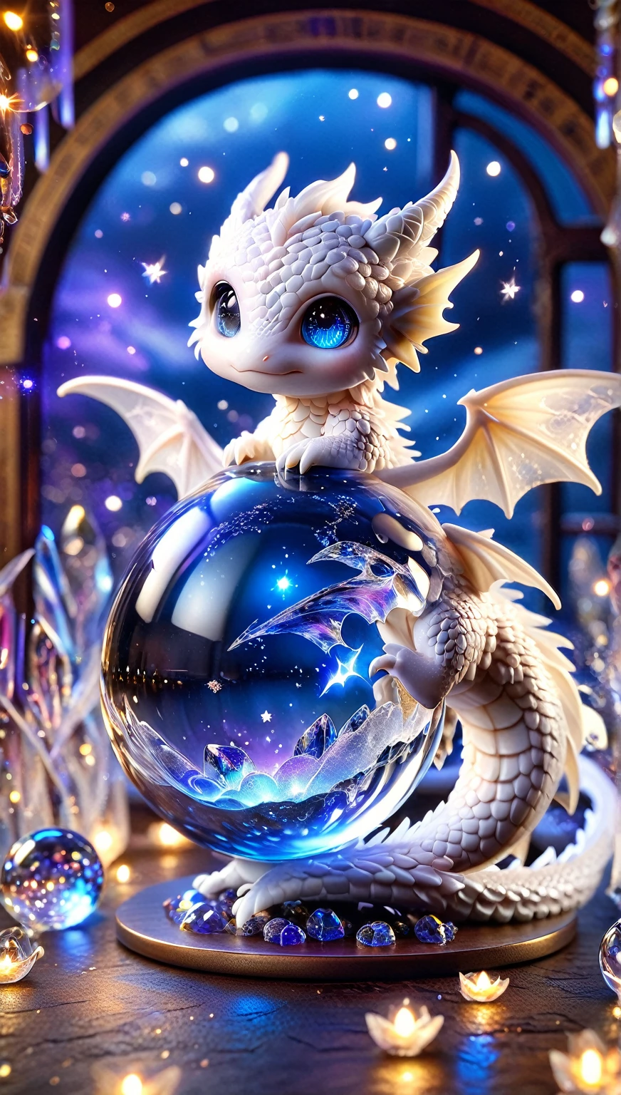 absurd, High resolution, Super detailed, HDR, masterpiece, best quality, ( Trapped in a crystal ball) Little White Dragon, Expressive blue eyes, White eyelashes, blue horns, wing, Fantasy magic background, shiny, shining, Purple lightning, Floating round lights, Starry Sky, blank