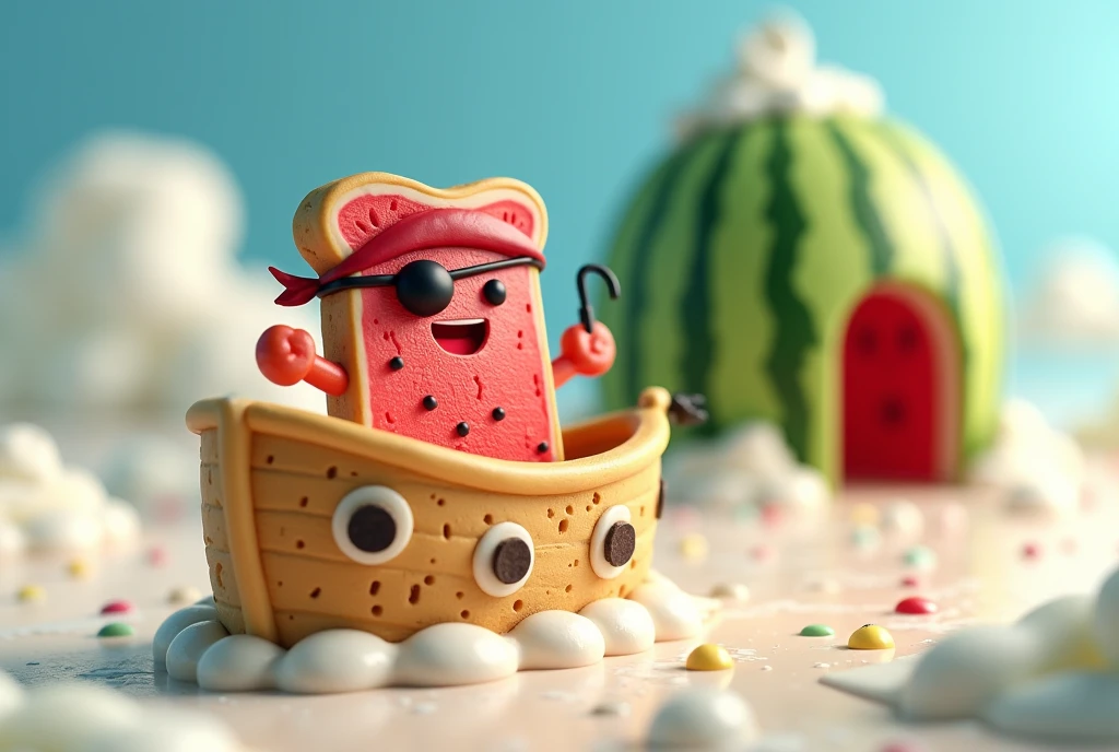 Cute 3D cartoon illustration. A watermelon bread pirate, sailing the seas of milk in a ship made of cookie dough, searching for buried treasure hidden within a giant hollowed-out watermelon.