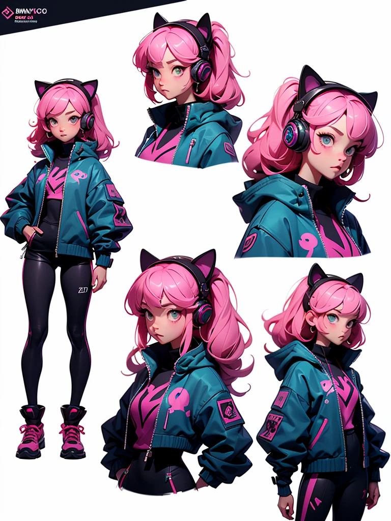 (multiple views, full body, upper body, reference sheet:1),anime character,cat girl,cyberpunk headphones,lots of hairpins on hair,simple bacground,white background,CharacterDesignSheet，full bodyesbian，Full of details, Multiple poses and expressions