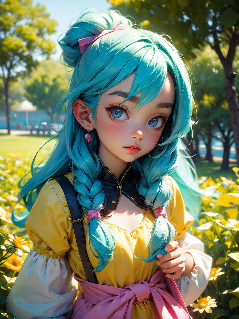 dbgtbra,1girl,solo,aqua hair,straight hair,long hair,aqua eyes,red hairband,
blouse, plaid skirt, miniskirt, plaid vest, cross necklace, pink lips, makeup, earrings, innocent, cute, shy,
smile,closed mouth,cowboy shot,
forest,outdoor,
(insanely detailed, beautiful detailed face, masterpiece, best quality) cinematic lighting,<lora:DBGT_Bra_v2:1>, <lora:more_details:0.3>,