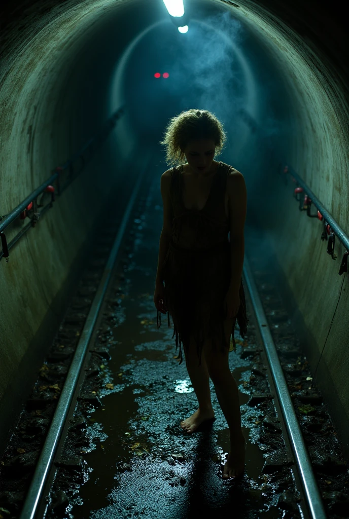 A thin nordic cavewoman with curly blonde pixie cut hair shaved on one side stands barefoot deep within a dark subway tunnel, her torn and ragged primitive clothing soaked and sticking to her skin. Flash photography. A sudden flash captures her mid-step, freezing her startled expression as she whips her head toward the camera, water droplets flying from her hair. The wet concrete walls gleam under the harsh light, reflecting her silhouette along the shiny metal rails. Thin wisps of steam rise from the puddles around her bare feet, while the glow from distant emergency lights barely pierces the darkness. In the instant of the flash, every texture—her damp ragged clothing, the metallic rails, and scattered leaves—is rendered with sharp clarity. The atmosphere feels tense, as though the power outage has awakened something unseen in the shadows.
