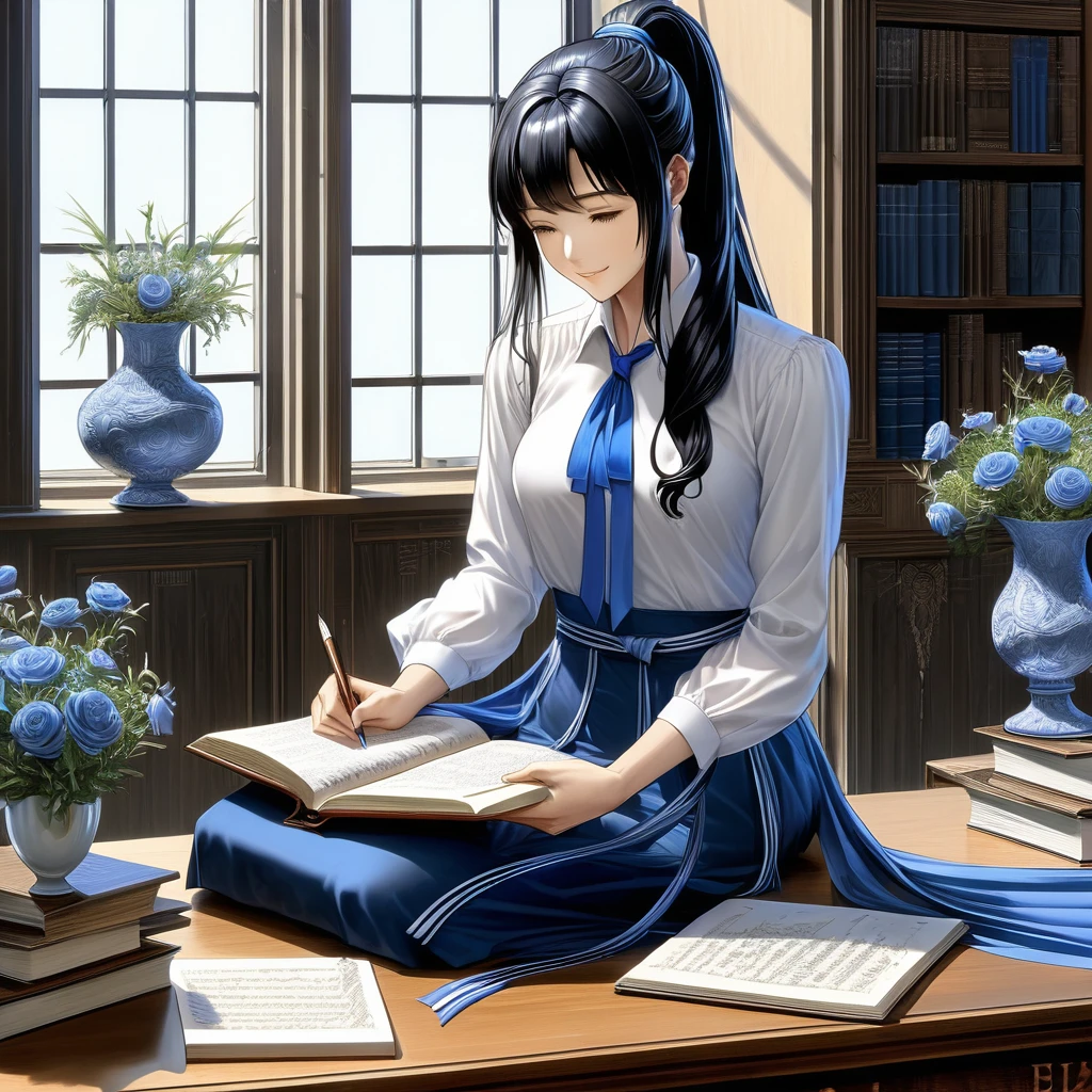 Masterpiece, Top Quality, High Resolution, Very Detailed, Detailed Background,(Fraulem Chrome, (Black Hair, Semi-Long Hair, Blue Ribbon in Ponytail),(White Blouse, Blue Short Ribbon Tie, Blue Long Skirt), Small, Neat, Black Eyes,Studying, Gentle Smile), Scaled Out, Chic Study, Vase