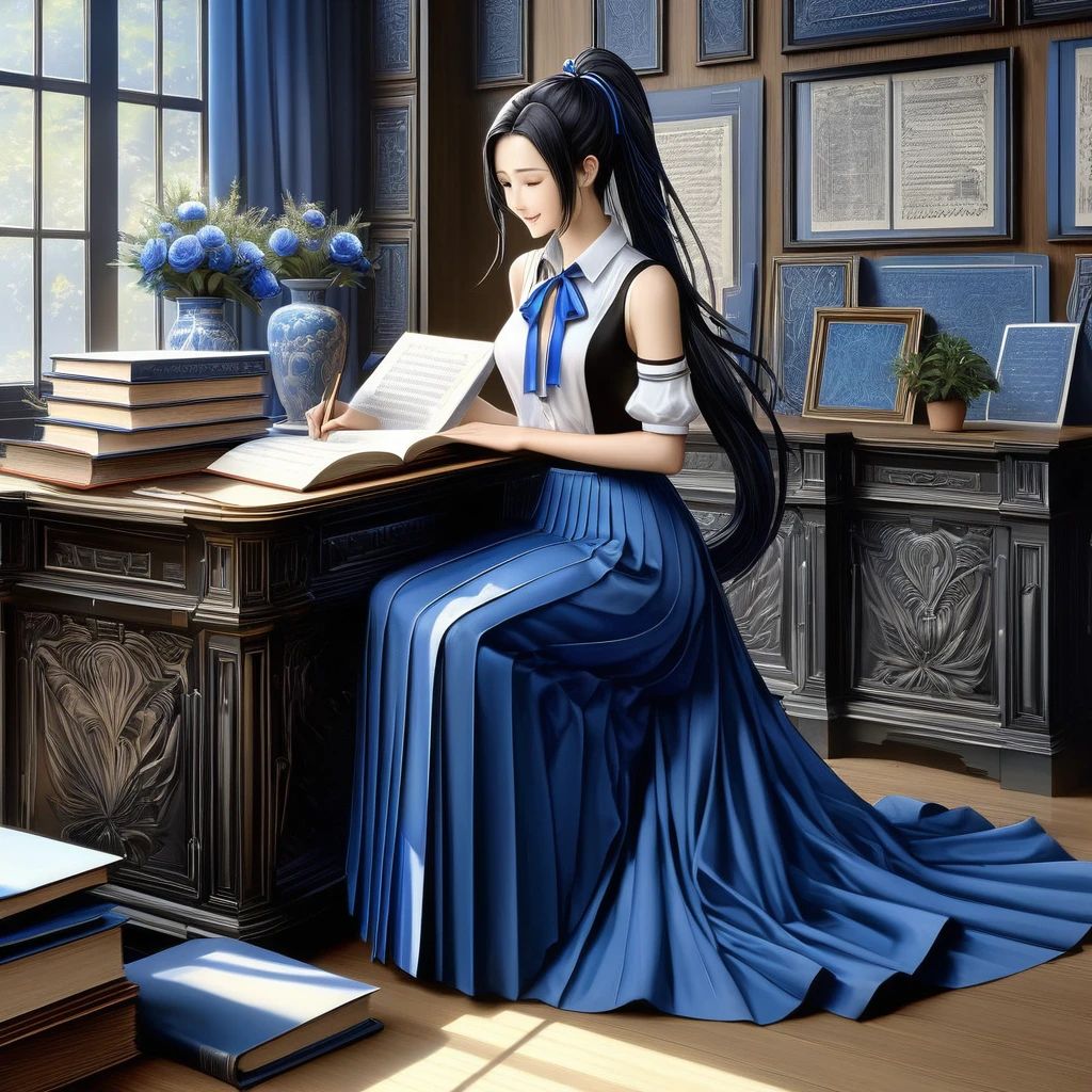 Masterpiece, Top Quality, High Resolution, Very Detailed, Detailed Background,(Fraulem Chrome, (Black Hair, Semi-Long Hair, Blue Ribbon in Ponytail),(White Blouse, Blue Short Ribbon Tie, Blue Long Skirt), Small, Neat, Black Eyes,Studying, Gentle Smile), Scaled Out, Chic Study, Vase