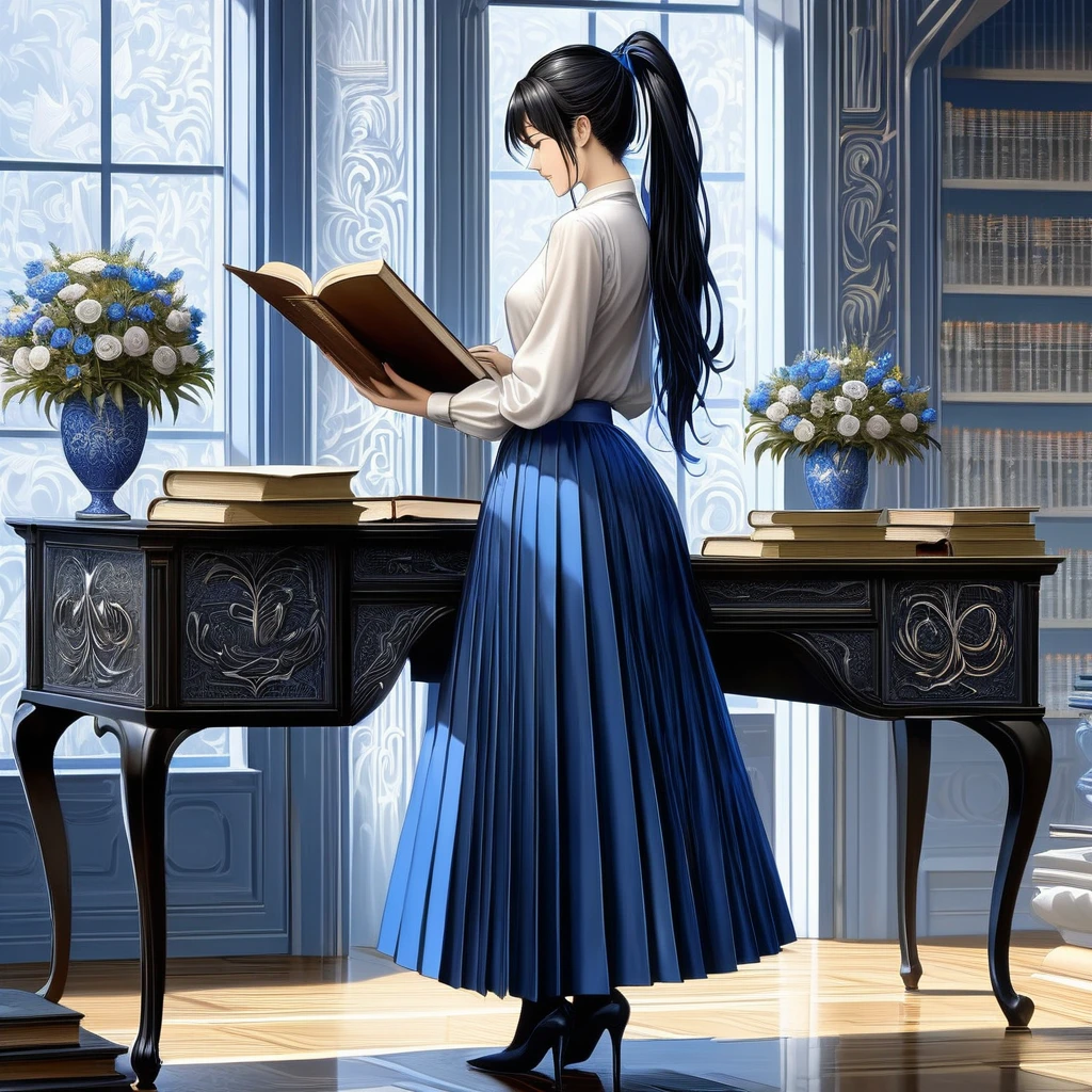 Masterpiece, Top Quality, High Resolution, Very Detailed, Detailed Background,(Fraulem Chrome, (Black Hair, Semi-Long Hair, Blue Ribbon in Ponytail),(White Blouse, Blue Short Ribbon Tie, Blue Long Skirt), Small, Neat, Black Eyes,Studying, Gentle Smile), Scaled Out, Chic Study, Vase