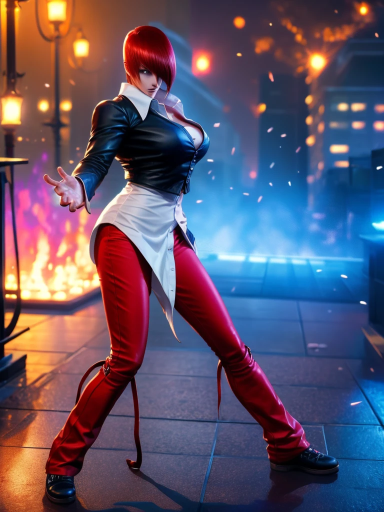 30-year-old woman, alone, alone, athletic, sensual, big breasts, red nails, long pixies, semi-short red hair, wears brown pants, white shirt, open black jacket, video game character, The King of Fighters, Iori Yagami, blue fire, cinematic, ultra-sharp focus, award-winning photography, perfect contrast, High sharpness, depth of field, ultra-detailed photography, global illumination, fluid, ultra-high definition, 8k, Unreal Engine 5, ultra-sharp focus, award-winning photography, trends art stations