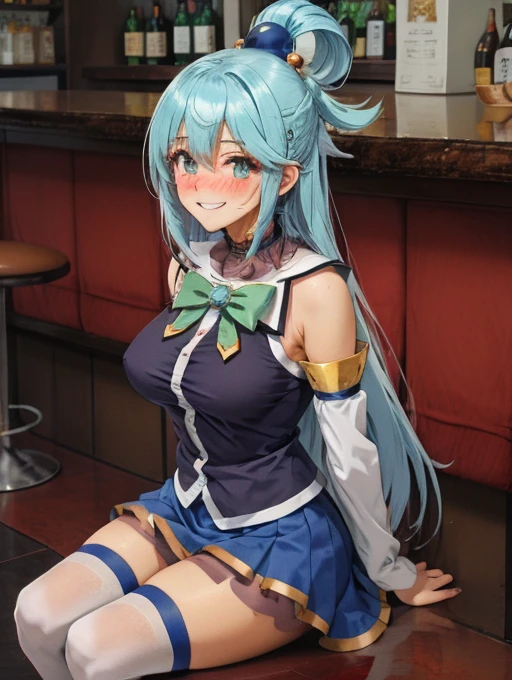  masterpiece,  Better quality, highres, absurdities, ultra detailed, beautiful eyes,
 aaaqua, long hair, blue hair, hair rings, hair ornament, choker, bare shoulders, green bow, Blue shirt, loose sleeves, blue skirt, thighhighs, drunk, Intoxicated, Blush, cloudy, smiling sitting_on_to stop, bar, _red_wine (having sex)
 