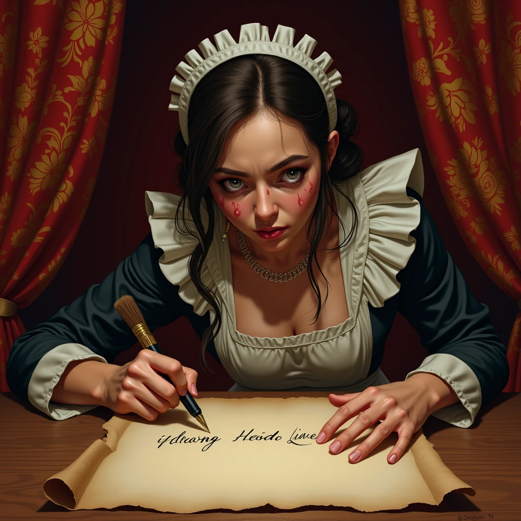 Make me a picture as if it were done in pencil where the queen is shown with an expression of horror when reading about King Oedipus&#39; past.